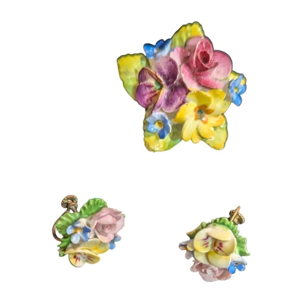 Artone Bone China Floral Brooch Earring‎ Set Made in England Vintage Porcelain